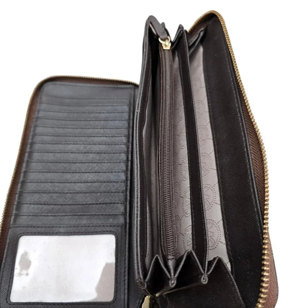 Michael Kors Jet Set Travel Checkered Large Continental Zip Wallet COA Blk Brown